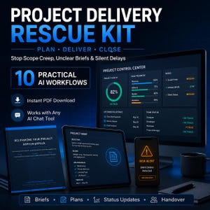 May include: A digital Project Delivery Rescue Kit featuring 10 practical AI workflows. The display shows a project control center dashboard on a computer monitor, a project brief on a tablet, and a risk alert on a smartphone screen with dark blue tones.