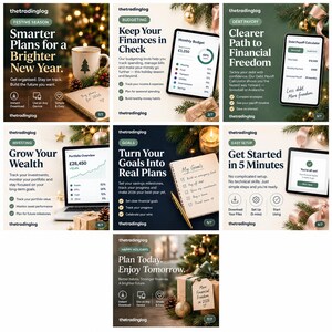 May include: A collection of seven digital financial planning templates from thetradinglog, featuring festive holiday themes with tablets, notebooks, and pens. Each slide displays text about budgeting, debt payoff, investing, and goal setting.