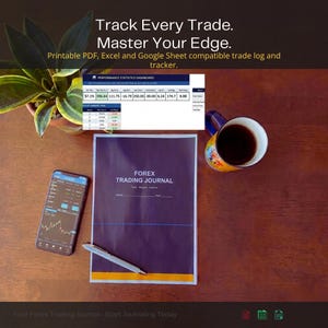 Könnte beinhalten: Ein dunkelviolettes Forex-Handelsjournal mit einem silbernen Stift, einem Smartphone mit Finanzdiagrammen, einem Leistungsstatistik-Dashboard und einer Kaffeetasse. Der Text lautet: Track Every Trade. Master Your Edge. Printable PDF, Excel and Google Sheet compatible trade log and tracker.