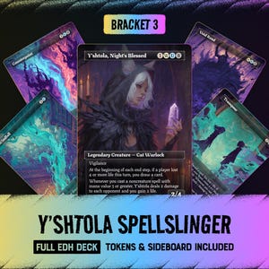 May include: A collection of Magic: The Gathering trading cards featuring Y'shtola, Night's Blessed as the central card, surrounded by Counterpoint, Void Rend, Windfall, and Transpose. The text Y'SHTOLA SPELLSLINGER FULL EDH DECK TOKENS & SIDEBOARD INCLUDED is visible.