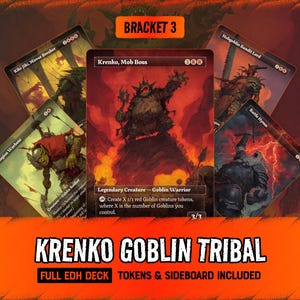 May include: A collection of Magic: The Gathering trading cards featuring Krenko, Mob Boss, Kiki-Jiki, Mirror Breaker, Legion Warboss, Hobgoblin Bandit Lord, and Battle Hymn. The cards are displayed against a red background with the text BRACKET 3, KRENKO GOBLIN TRIBAL, and FULL EDH DECK TOKENS & SIDEBOARD INCLUDED.