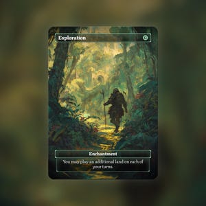 May include: A rectangular trading card titled Exploration with a green mana symbol. The artwork depicts a figure holding a staff walking through a dense, dark green forest toward a stone archway. The text reads Enchantment and You may play an additional land on each of your turns.