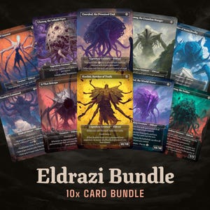 Puede incluir: Un conjunto de diez cartas Eldrazi, cada una con ilustraciones únicas y descripciones de criaturas. Las cartas muestran una variedad de colores, incluyendo azul, morado y amarillo, con el texto "Eldrazi Bundle" y "10x CARD BUNDLE" en la parte inferior.