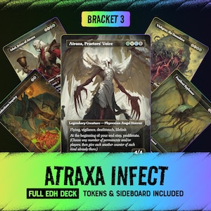 Puede incluir: Una colección de cinco cartas coleccionables de Magic: The Gathering dispuestas en abanico. La carta central muestra a Atraxa, Praetors' Voice. Otras cartas visibles incluyen Ixhel, Scion of Atraxa, Vishgraz, the Doomhive, Infectious Inquiry y Pestilent Syphoner.