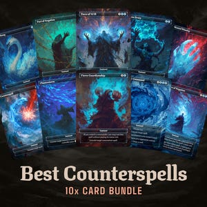 May include: A collection of ten fantasy-themed trading cards. Each card features unique artwork with vibrant colors and mystical imagery. The cards are labeled with titles such as "Force of Will" and "Part of Negation". The text "Best Counterspells" and "10x CARD BUNDLE" are also visible.