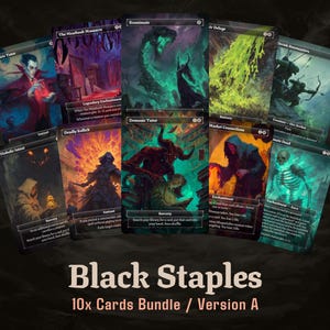 May include: A bundle of ten trading cards featuring fantasy art. The cards display various illustrations of creatures and scenes in dark, gothic colors. The text "Black Staples" and "10x Cards Bundle / Version A" are at the bottom.