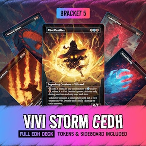 May include: A collection of five trading cards featuring a central card titled Vivi Ornitier, surrounded by cards named Wheel of Fortune, Pyrokinesis, Deflecting Swat, and Mental Misstep. The text reads BRACKET 5, VIVI STORM CEDH, FULL EDH DECK.