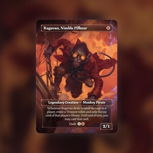 May include: A Magic: The Gathering trading card titled Ragavan, Nimble Pilferer. The artwork depicts a monkey pirate wearing goggles and a red coat, leaping from a ship's rigging against a stormy orange sky. The card text details its abilities.