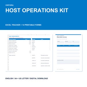 Könnte beinhalten: Ein digitales Host-Operations-Kit mit Excel-Tracker und 14 druckbaren Formularen. Die blau-weiße Benutzeroberfläche zeigt eine Betriebsübersicht mit Buchungs-, Reinigungs- und Wartungsdatensätzen sowie ein Dokument zur Reservierungsübersicht.