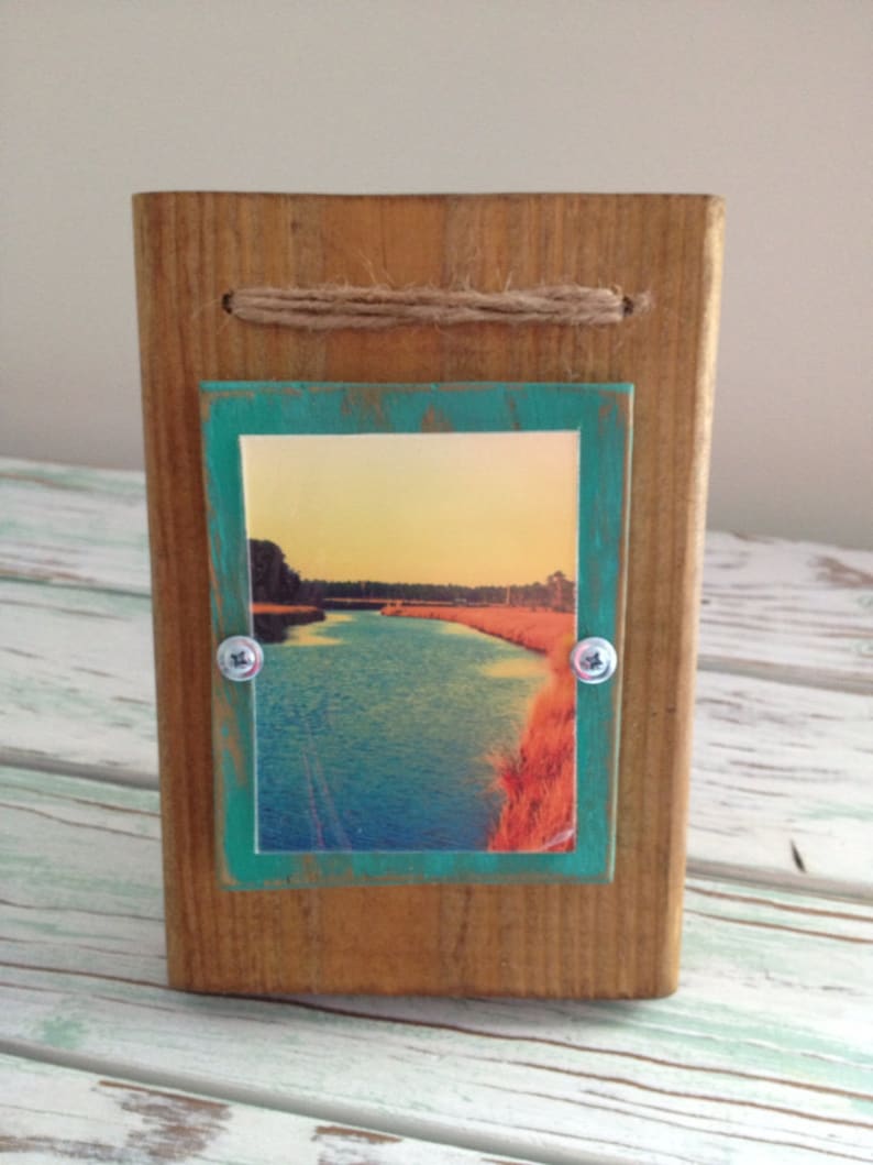 3 x 4 Rustic Distressed Picture Frame made from reclaimed wood Natural Wood & Emerald with Twine image 1