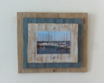 5 x 7 Distressed Handmade Picture Frame - Tan, Blue & White