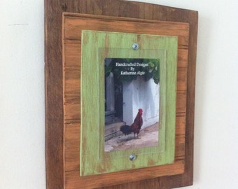 5 x 7 Distressed Handmade Picture Frame - Natural Wood, Peach & Green
