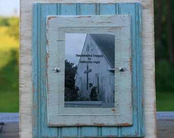 5 x 7 Distressed Handmade Picture Frame - Lignt Mint Green, Shimmery Baby Blue & White