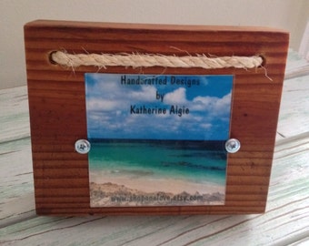 4 x 4 Rustic Distressed Picture Frame made from reclaimed wood - Natural Wood & Emerald with Twine