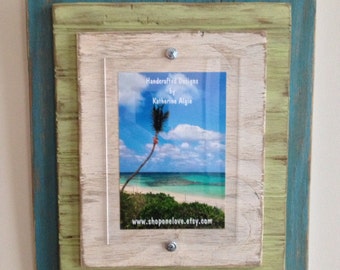 5 x 7 Distressed Handmade Picture Frame - Aqua, Lime Green & Cream