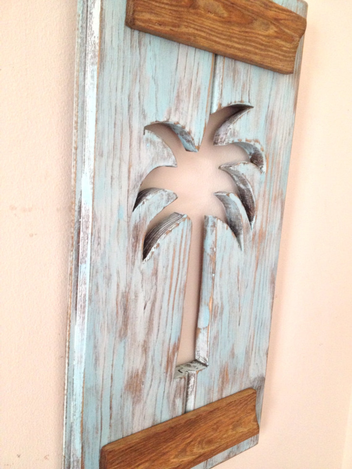 Palm Tree Wall Hanging Made From Reclaimed Wood Light Blue Etsy
