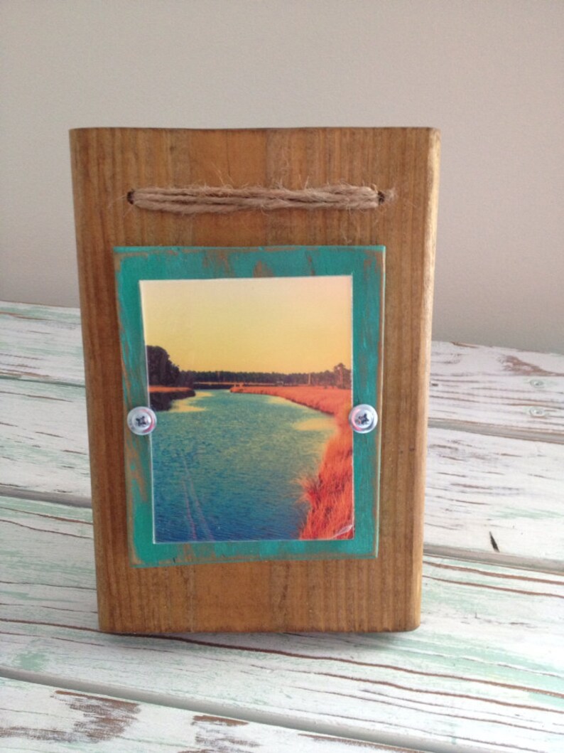 3 x 4 Rustic Distressed Picture Frame made from reclaimed wood Natural Wood & Emerald with Twine image 4