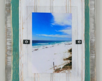 Distressed Handmade Picture Frame - Teal Green & White