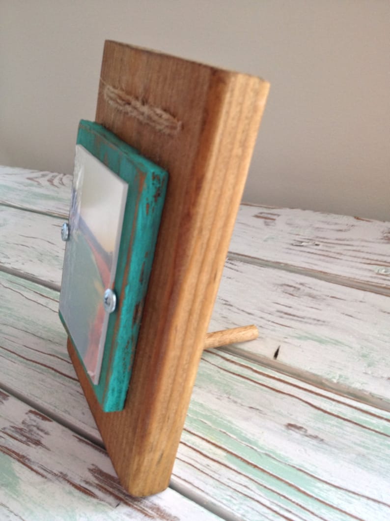 3 x 4 Rustic Distressed Picture Frame made from reclaimed wood Natural Wood & Emerald with Twine image 2