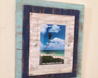 5 x 7 Distressed Handmade Picture Frame - Robin Egg Blue, Navy & White