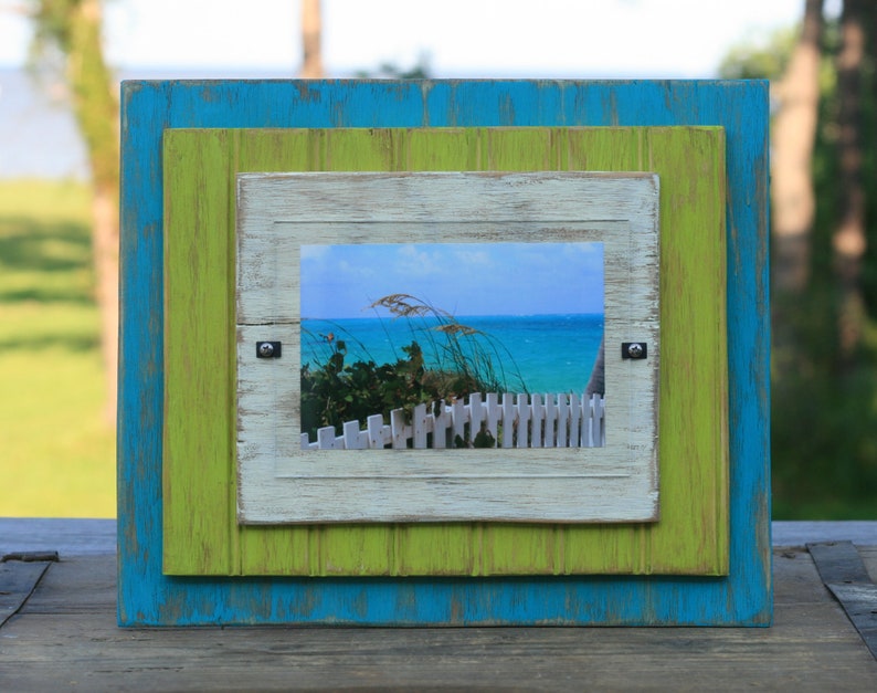 5 x 7 Distressed Handmade Picture Frame Turquoise, Lime Green & Ivory image 1