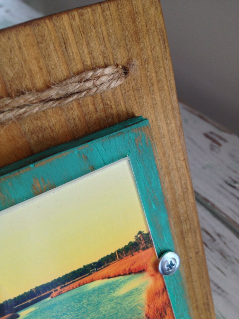 3 x 4 Rustic Distressed Picture Frame made from reclaimed wood Natural Wood & Emerald with Twine image 3