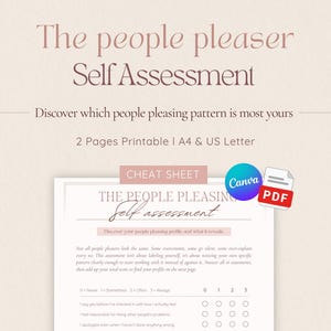 Könnte beinhalten: Ein zweiseitiger, druckbarer Selbsttest mit dem Titel The People Pleaser Self Assessment, erhältlich in A4 und US Letter. Das Dokument enthält ein Merkblatt, einen Canva-Link und ein PDF-Symbol sowie einen Fragebogen mit einer Bewertungsskala.