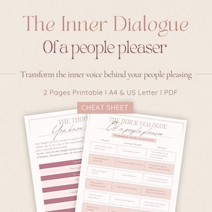 May include: A two-page printable PDF cheat sheet titled The Inner Dialogue Of a people pleaser. The document features a light beige background with dark text and pink accents, including tables for situations, automatic thoughts, and reframes.