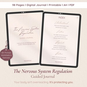 May include: A digital journal titled "The Nervous System Regulation Guided Journal" with 98 pages, available in A4 PDF format. The journal includes prompts, worksheets, and exercises. The cover features elegant script and a minimalist design.
