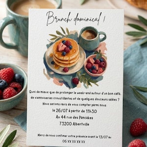 Invitation Brunch Dominical Personnalisable A6, Carte Invitation Brunch Imprimée Papier Texturé 300g ou Téléchargement Numérique PDF