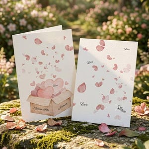 Pode incluir: Dois cartões de felicitações com corações em aquarela e a palavra "Love". Um cartão apresenta uma caixa transbordando de corações rosa e o texto "Bonne Fête Maman". Os cartões estão sobre uma rocha musgosa com pétalas caídas.