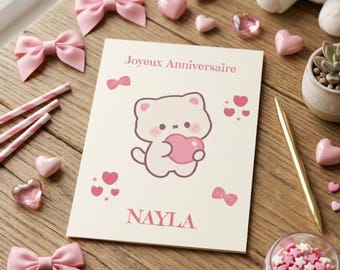 Carte Anniversaire Personnalisée Chat Mignon | Invitation Anniversaire Fille Rose Kawaii | Français ou Anglais - Imprimée ou Numérique