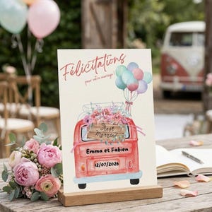 Carte de Félicitations Mariage Personnalisable - Prénoms  et date - Style Bohème et Romantique Aquarelle -Imprimée sur papier de 300g  -