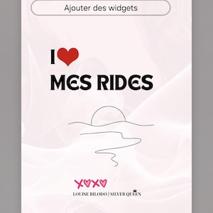 Peut inclure: Un écran de téléphone affiche un fond d'écran personnalisé avec le texte "I ❤️ MES RIDES" et un dessin au trait d'un soleil sur l'eau. L'écran affiche également l'heure, la date et les icônes des applications.