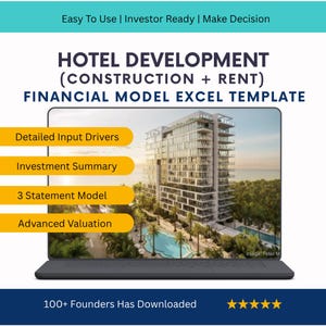 Puede incluir: Una pantalla de portátil muestra una plantilla de Excel de modelo financiero para el desarrollo hotelero, incluyendo construcción y alquiler. La imagen presenta un moderno edificio de hotel con piscina. El texto incluye "Detailed Input Drivers", "Investment Summary" y "3 Statement Model".