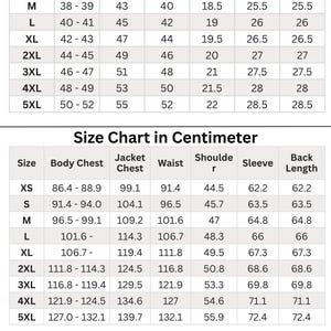May include: A two-part size chart table displaying measurements in inches and centimeters for sizes XS through 5XL. Columns include body chest, jacket chest, waist, shoulder, sleeve, and back length. Text at the bottom reads: If you don't fit any size, Contact us. All Order are made to order and we will ask for body measurements. Our Buyer are happy with out sizing method.