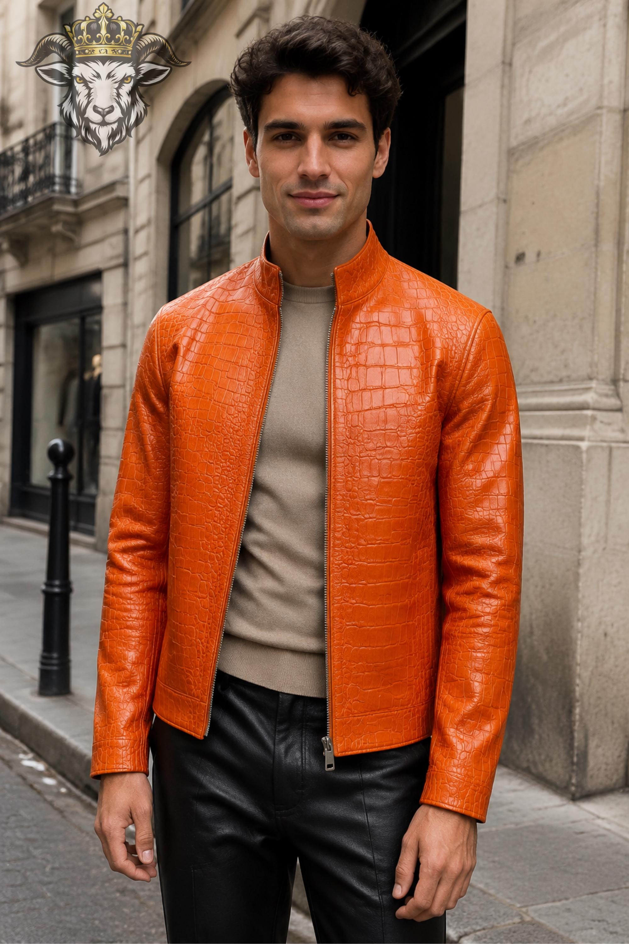 Men's Orange Crocodile Leather Jacket, Premium Tailored Zipper Jacket, Matte-Sheen Casual Coat, Stylish Urban Outerwear