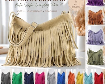 Italiaanse suède tas met franje, schoudertas van echt leer, boho handtas kwastje, draagtas met ritssluiting, handgemaakte portemonnee cadeau voor vrouwen