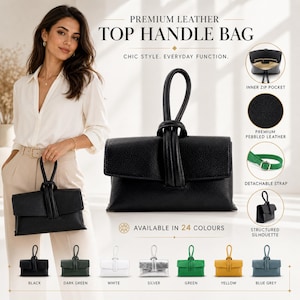 May include: A black premium leather top handle bag with a structured silhouette. The bag features a detachable strap and an inner zip pocket. Available in 24 colours, the bag has a chic style and everyday function.