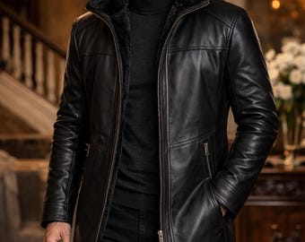 May include: Black leather coat with a faux fur collar and a zip-up front. The coat has a long length and a tailored fit. The model is wearing a black turtleneck and black pants. The coat is a stylish outerwear option.
