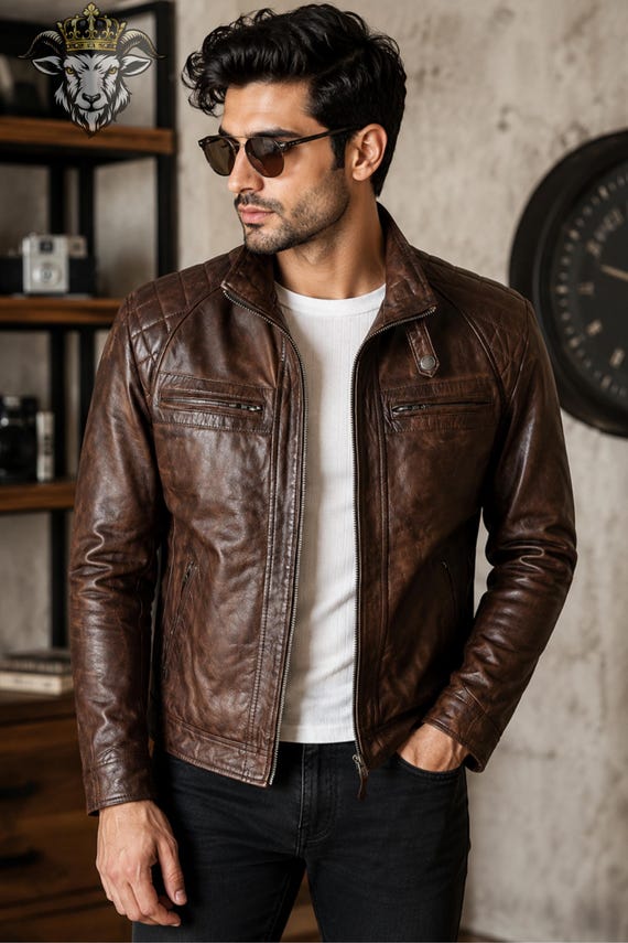 Men’s Brown Leather Jacket, Vintage Distressed Biker Jacket, Quilted Shoulder Motorcycle Coat, Genuine Leather Zip Jacket for Men