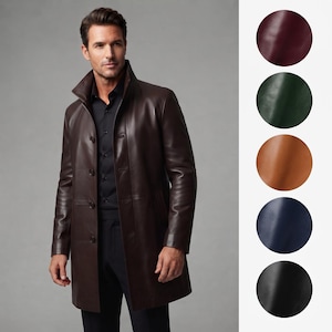 Casaco de couro legítimo de luxo para homem - Jaqueta de couro longa até o meio da coxa, feita à mão - Trench coat de inverno masculino com corte sob medida - Sobretudo de couro genuíno