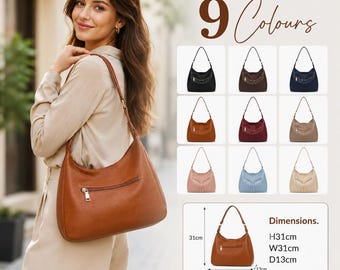 May include: A brown hobo bag with a single shoulder strap and a front zipper pocket. The image displays nine color options and includes a diagram showing dimensions of 31cm in height, 31cm in width, and 13cm in depth for the bag.