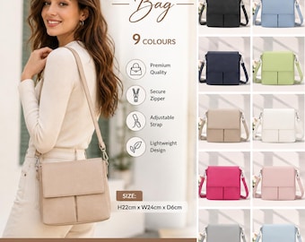 May include: A rectangular crossbody bag with a flap closure and a vertical seam detail on the front. The bag features an adjustable shoulder strap and a secure zipper. It is available in nine colors, measuring 22cm in height, 24cm in width, and 6cm in depth.