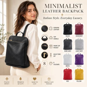 May include: A black leather backpack with a top handle, a front zip pocket, and gold tone zips. The image displays text including MINIMALIST LEATHER BACKPACK and shows eight colour variations: black, burgundy, dark grey, light grey, white, purple, red, and yellow.