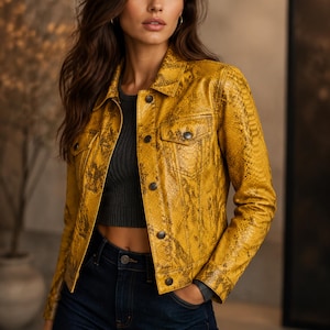 Women’s Yellow Python Leather Trucker Jacket | Premium Snakeskin Pattern Genuine Sheep Leather Jacket | Designer Statement Outerwear