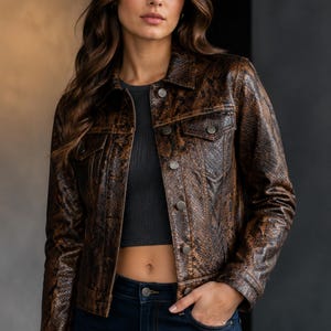 Women’s Brown Python Leather Trucker Jacket | Premium Snakeskin Print Vintage Style Cropped Leather Jacket | Designer Streetwear Outerwear