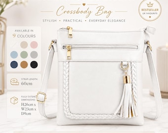 May include: A white faux leather crossbody bag featuring a zippered main compartment, a front pocket with braided trim, and a matching white tassel charm with gold hardware. The bag includes an adjustable strap and measures 26cm by 23cm by 9cm.