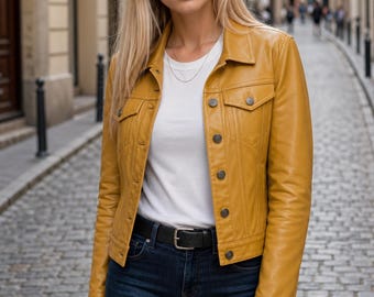 Women’s Yellow Leather Trucker Jacket – Real Leather Mustard Jacket, Slim Fit Moto Style Coat, Vintage Inspired Casual Streetwear Outerwear