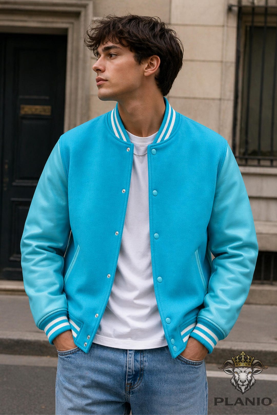 Cyan Varsity Jacket Men | Sheep Leather Sleeves Letterman Jacket ...